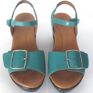 Dansko Georgie Nappa Teal Leather Wedge Sandals 39